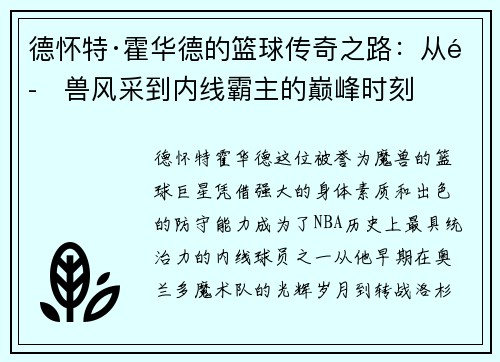 德怀特·霍华德的篮球传奇之路：从魔兽风采到内线霸主的巅峰时刻