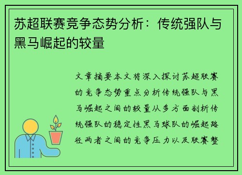 苏超联赛竞争态势分析：传统强队与黑马崛起的较量