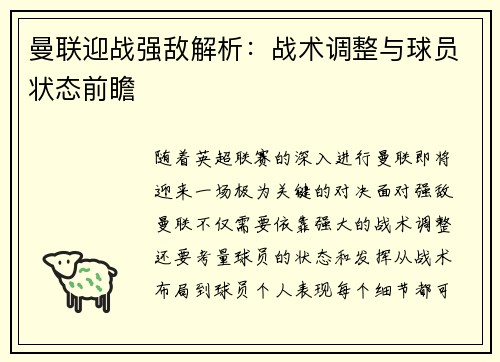 曼联迎战强敌解析：战术调整与球员状态前瞻
