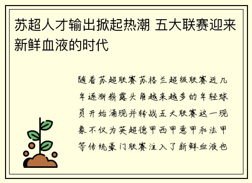 苏超人才输出掀起热潮 五大联赛迎来新鲜血液的时代